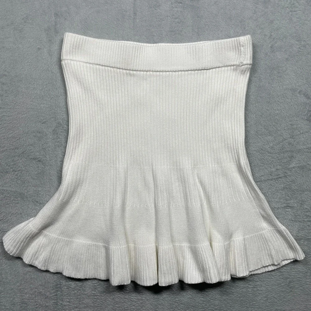 Free People Knit Mini Skirt Womens L White Ribbed Ruffle Hem